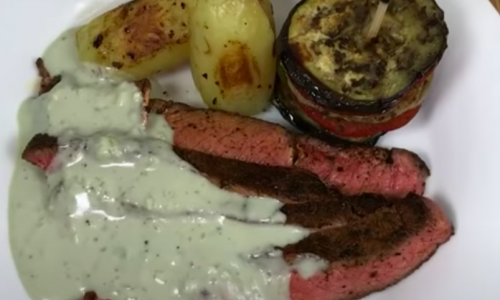 Côte de boeuf marinée à l'américaine, sauce roquefort